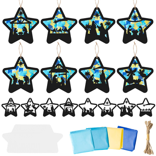 CJiangpo 24 Sets Christmas Nativity Suncatcher Paper Craft Kits, DIY Stained Glass Effect Window Ornament Rainbow Tissue Paper Art Craft for Kid Classroom Activities Christian Religious Party Decor