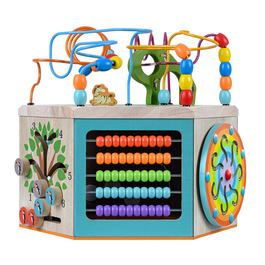 Teamson Kids Preschool Play Lab 7-in-1 Large Wooden Activity Cube Station Center Bead Maze and Counting for Kids Baby Toys, Natural