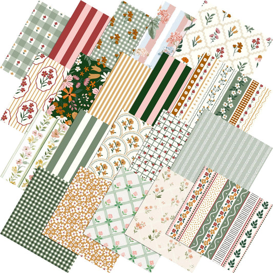 Tudomro 60 Pcs Cottagecore Floral Quilting Fabric Squares 10 x 10 Inch Cotton Vintage Spring Gingham Stripes Fabric Bundles Sage Green Red Plaid Fat Quarters Precut Patchwork Material for Sewing Craft