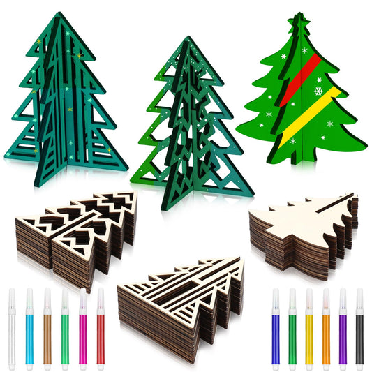 Huwena 72 Pcs Christmas Craft Kit 48 Wood Tree Crafts 3D Christmas Tree Cutouts with 24 Colored Markers Wooden Unfinished Slices to Paint for Xmas Winter DIY Handmade Tiered Tray Decor