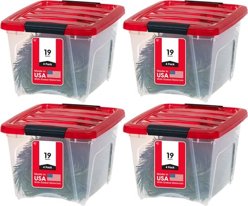 IRIS USA Stackable Plastic Storage Bins - 19 Qt, BPA-Free, Durable, 4 Pack, Red with Lids