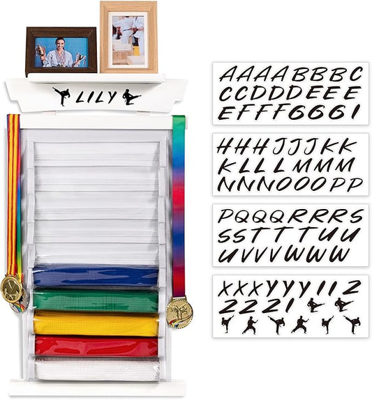 Tilhumt 12/10 Belts Karate Belt Display Rack with Stickers, Taekwondo Belt Display with Trophy/Photo Rack, Felt Dustproof Design, Easy to Put in Belt, Martial Arts Belt Display for Adults