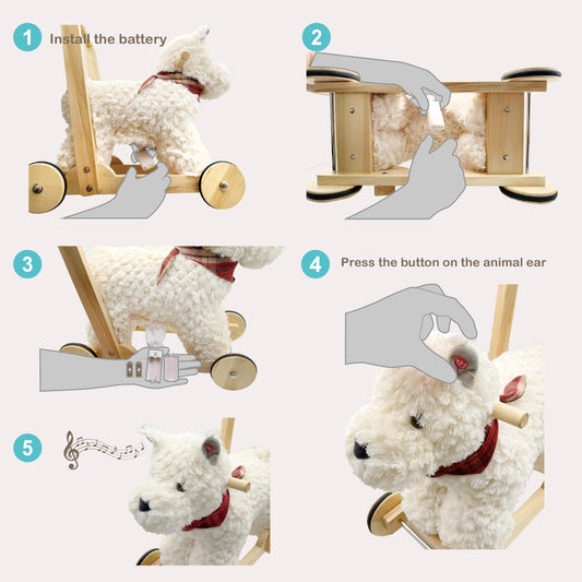 Rock My Baby Wooden Baby Walker, Baby Push Walker with Wheels for 12M+, Toddler Learning to Walk Toy with Sweet Music ＆ Animal Seat 2 in 1 Sit-to-Stand Walker Toy Gift for Boy Girl (Scottie Dog)