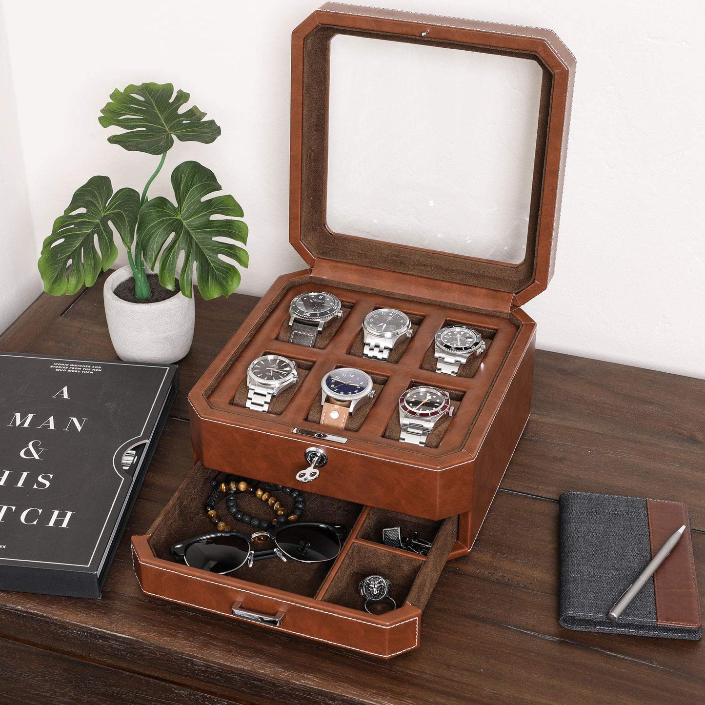 Gift Set 6 Slot Leather Watch Box with Valet Drawer - Luxury Watch Case Display Organizer, Microsuede Liner, Locking Jewelry Box, Mens Storage Boxes Holder Large Glass Top (Tan/Brown Gift Set)