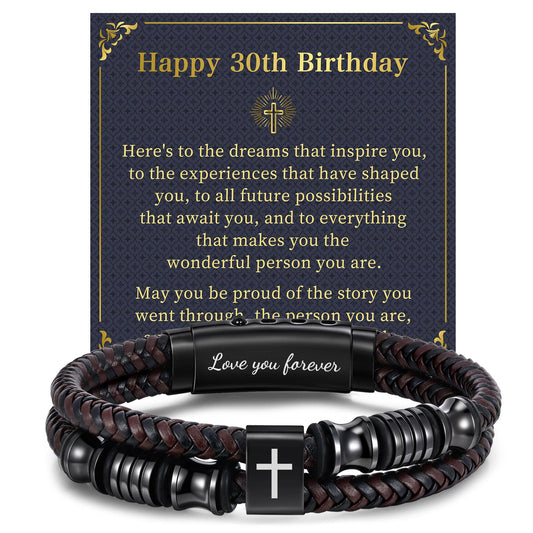 30th Birthday Cross Bracelets Gifts for Men - Adjustable Double-Row Braided Leather Bracelet Faith Religious Catholic Christian Easter Jewelry Gift Happy Birthday Bracelet for Papa Grandpa Brother