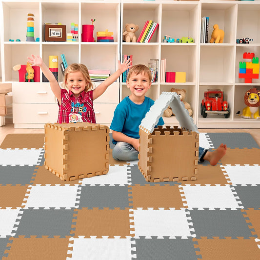 36Pcs Baby Play Mat for Floor, Foam Floor Tiles for Kids with Interlocking, Squares Foam Puzzle Carpet for Playroom,Crawling Rug for Babies 6-12 Months,Toddlers,11.8*11.8*0.6In Each,Grey White Brown
