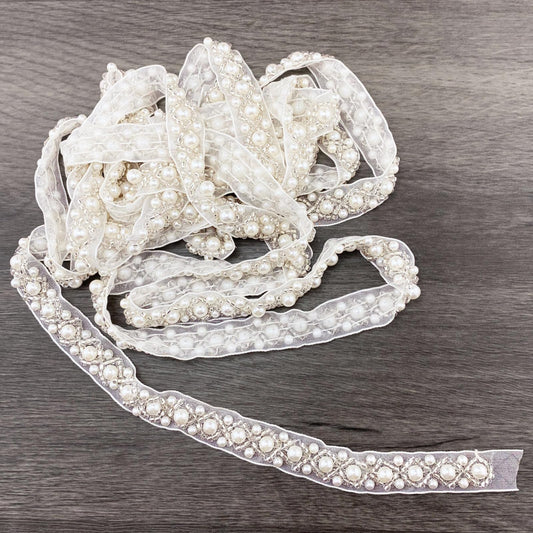 BETITETO 3Yards Pearl Beaded Trim Lace Ribbon Trimming Edge Embellishments for Sewing Bridal Dress Party Clothes Wedding Decoration Fabric Crafts DIY (Ivory Ribbon)
