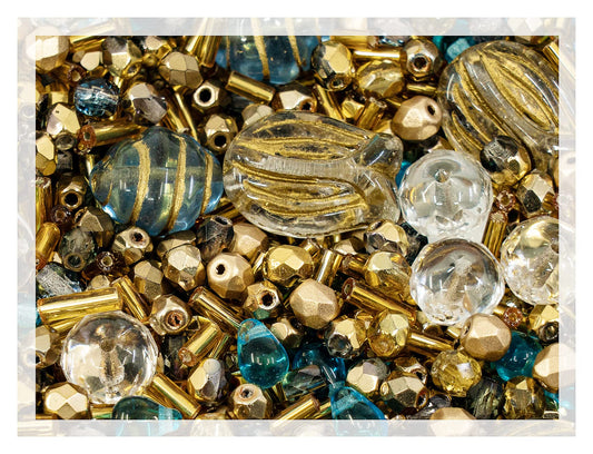 2.1oz (60 g) Mix of Unique Czech Bohemia Glass Pressed Beads, Rocailles, Aztec Pale Gold Crystal, Matte and Glossy, Hand Made BCV
