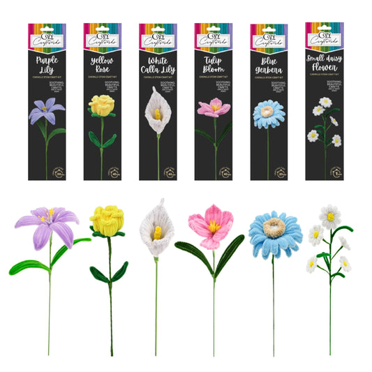 WeVeel Chenille Stem Flower Craft Kit for Adults – Create 6 Colorful Blooms (Lily, Rose, Calla Lily, Tulip, Gerbera & Daisy) – Relaxing DIY Arts & Crafts Kit with All Supplies