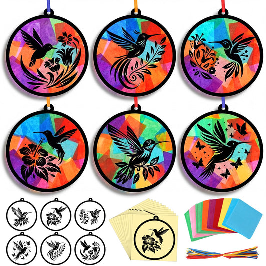AmazingSpark 30 Pcs Mother's Day Hummingbird Suncatcher Craft Kits for Mom, Spring Summer Colorful DIY Stained Glass Effect Tissue Paper Art Bulk for Creative Group Activities Party Seasonal Decor