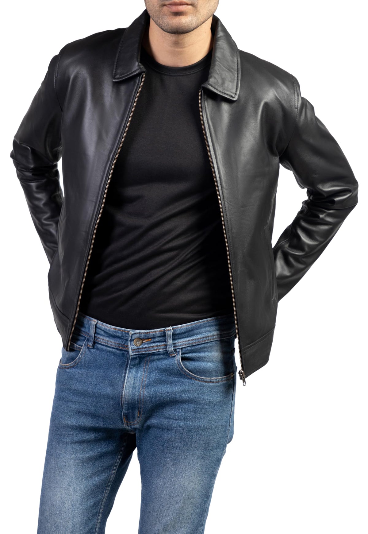Jild Polo Collar Premium Leather Jacket Men - Old School Classic Style Everyday Wear Real Lambskin Mens Leather Jacket (Polo-Blk-3XL)