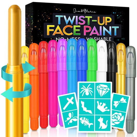 Jim&Gloria Face Paint Kit with Stencils, 12 Large Professional Face Painting Kit for Kids Party Makeup, Facepaint Washable Body Paint for Adults Skin Color Crayons, Girls Christmas Gifts, Crafts Toys