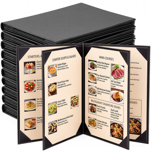 Ferrochef 10 Pack Leather Menu Covers, 6 View Menu Holder 8.5 x 11 Inch for Restaurant, Cafes, Bars, Wine List, Drinks, Commercial and Home Use, Black
