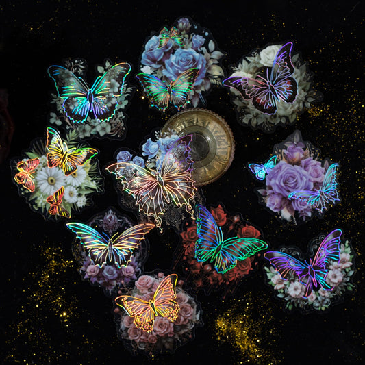 Yoksas 60Pcs Vintage Gothic Holographic Shiny Butterfly Flower Stickers - Clear Waterproof Dark Spooky Butterfly Stickers for Scrapbooking,Junk Journals,Witchcraft Supplies
