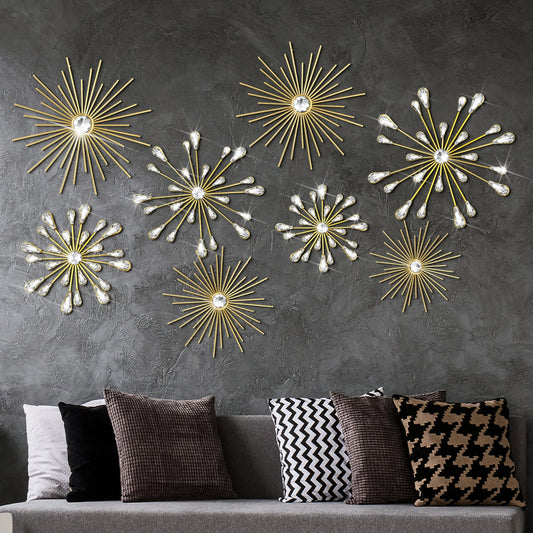 Blulu 8 Pcs Gold Metal Wall Art Cast Iron Starburst Wall Decor Bling Crystal Sculptures Living Room 3D Teardrop Radial Rhinestone Hanging Diamond Accents for Home Office Bedroom Entryway