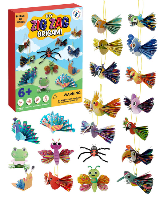 DIY Zig Zag Origami - Beginner Origami & EVA Foam & Paper Craft Kit for Kids 6-10 Yrs - Boys & Girls Build 20 Hanging Birds, Insects, & More - Use for Room Decoration, Christmas Ornaments, & More