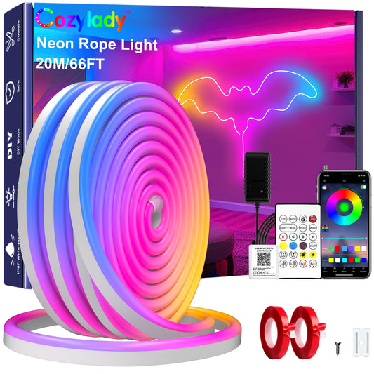 Cozylady 66Ft (33Ft * 2 Rolls) RGB LED Neon Rope Lights for Bedroom, 20m LED Strip Lamp with Double Sided Adhesive Tape, App/Remote Control DIY Lights Decorate The Outdoor and Indoor of Your Home