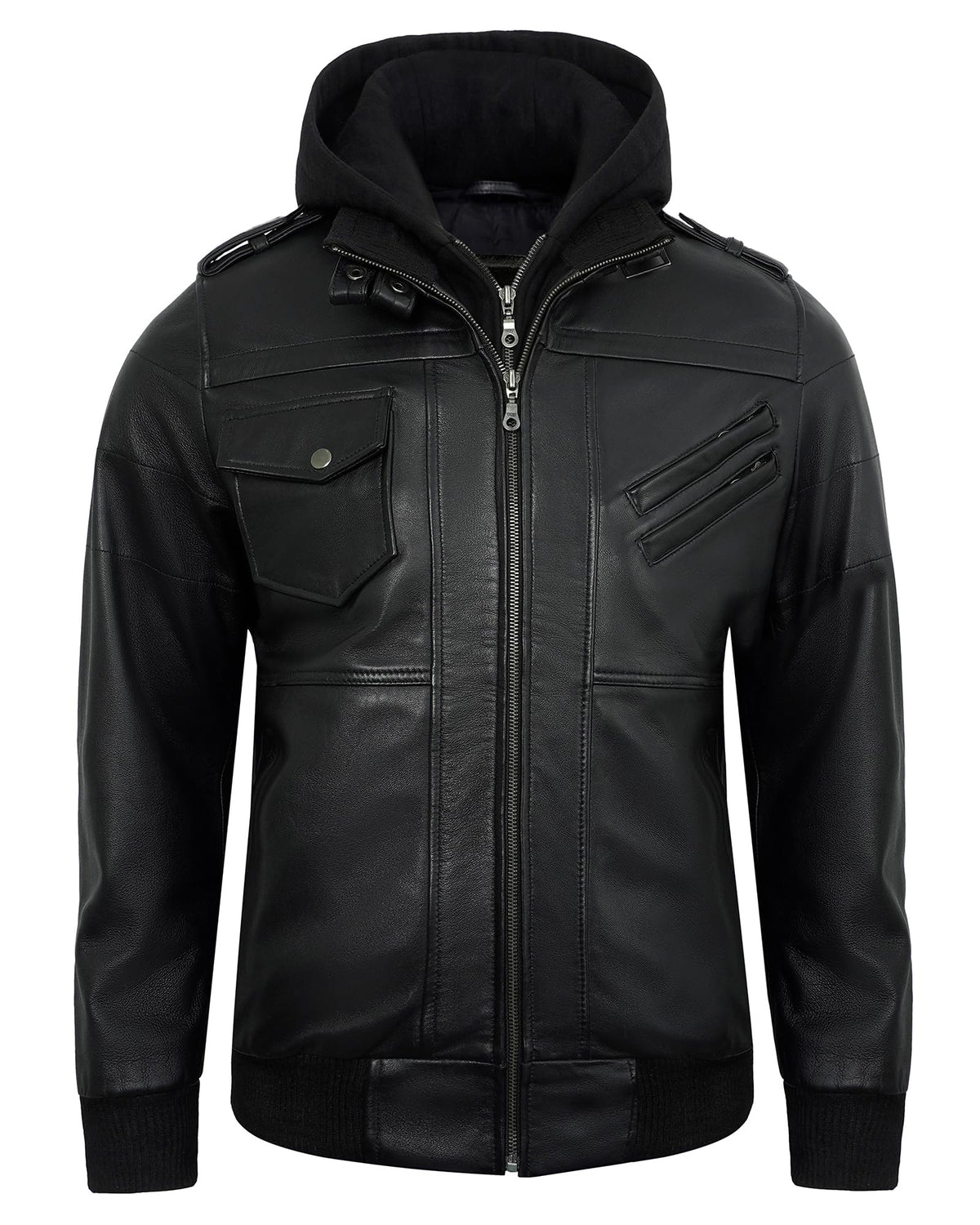 UrbanFocal Hooded Black Leather Bomber Jacket Men - Real Lambskin Leather Jackets For Mens With Detachable Hood | [101009905] Edinburgh Black, XL