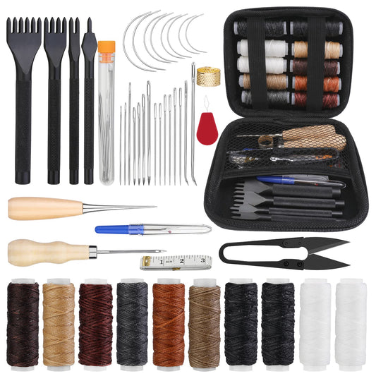 Yizzvb 46 Pcs Leather Stitching Sewing Kit,Sewing Tools Kit with 4mm Lacing Stitching Chisel, Waxed Thread and Large-Eye Needles for Leather Craft Projects DIY Sewing Work