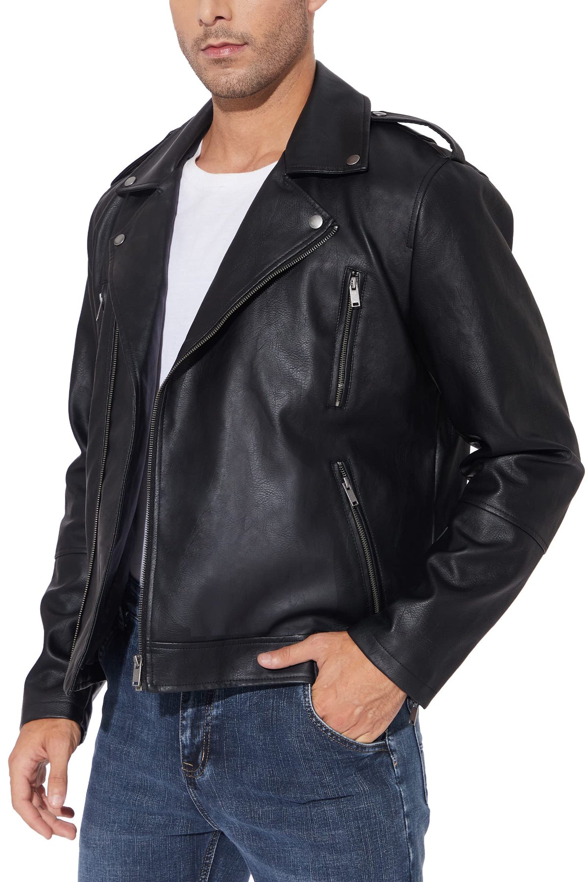 Fahsyee Leather Jackets for Men, Faux Bomber Jacket Mens Motorcycle Lapel Zip-Up Belt Slim Fit Biker Coat Black L