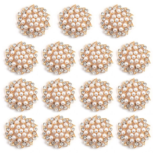 AUEAR, 15 Pack Gold Rhinestone Pearl Flower Buttons Flatback Crystal Embellishments for Jewelry Making Clothing DIY Craft