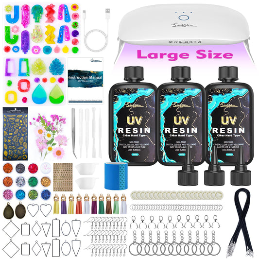 Suzzam UV Resin Jewelry Making Kit, 300g Crystal Clear UV Resin Kit with Molds, 30w & 22 Lamp Beads UV Resin Light Large for Craft Making Earrings, Necklaces, Keychains