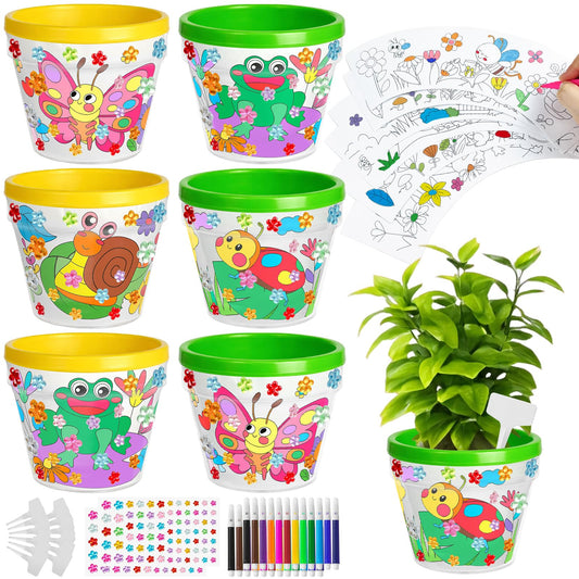 Cinrobiye 12 Set Garden Pot Craft Kit, DIY Paintable Flower Pots Bulk Small Planter Kit with Stickers Plant Labels for Spring Gardening Activities Party Craft Supplies