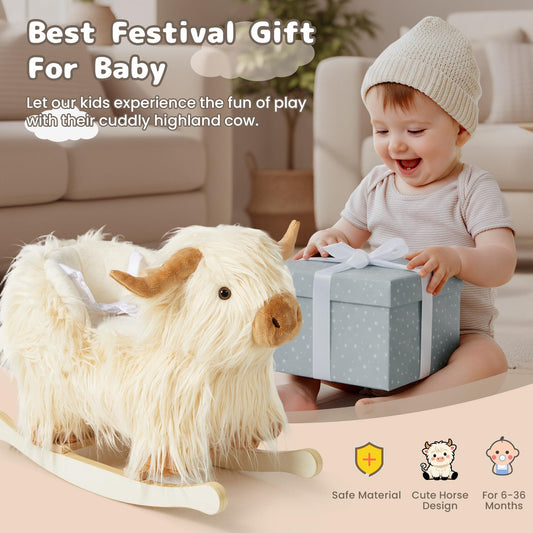 Baby Rocking Horse,Highlander Cattle Toddler Rocking Toy for 1+ Year Old Cute White Cow Stuffed Cow Rocker Toy Rocking Animal for Baby Boys and Girls Nursery/Child Christmas or Birthday Gift