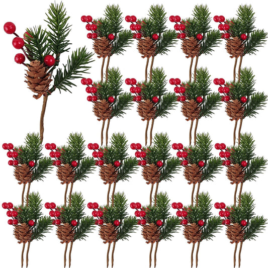 RONYOUNG 20PCS 5.7inch Christmas Berries Red Stems Pine Branches, Christmas Picks Artificial Pine Cones Holly Stem Craft Winter Holiday Floral Picks for Décor DIY Xmas Garland Wreath Ornament