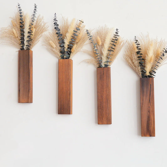 Wall Vase Set of 4 – Wooden Hanging Vases with Pampas Grass & Eucalyptus Dried Flowers – Modern Farmhouse Home Decor for Living Room, Entryway, Bathroom, Hallway & Dining Room