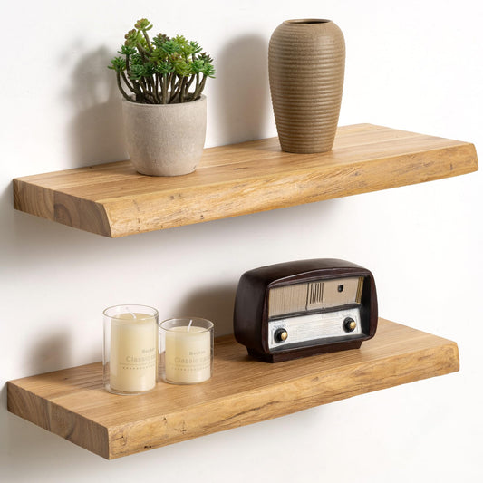 Floating Shelves for Wall, Solid Elm Wood 20 x 8 Inch Live Edge Floating Shelves Set of 2, Natural Edge Wall Shelves with Invisible Brackets, Rustic Wood Decor for Living Room Bedroom Kitchen, Natural