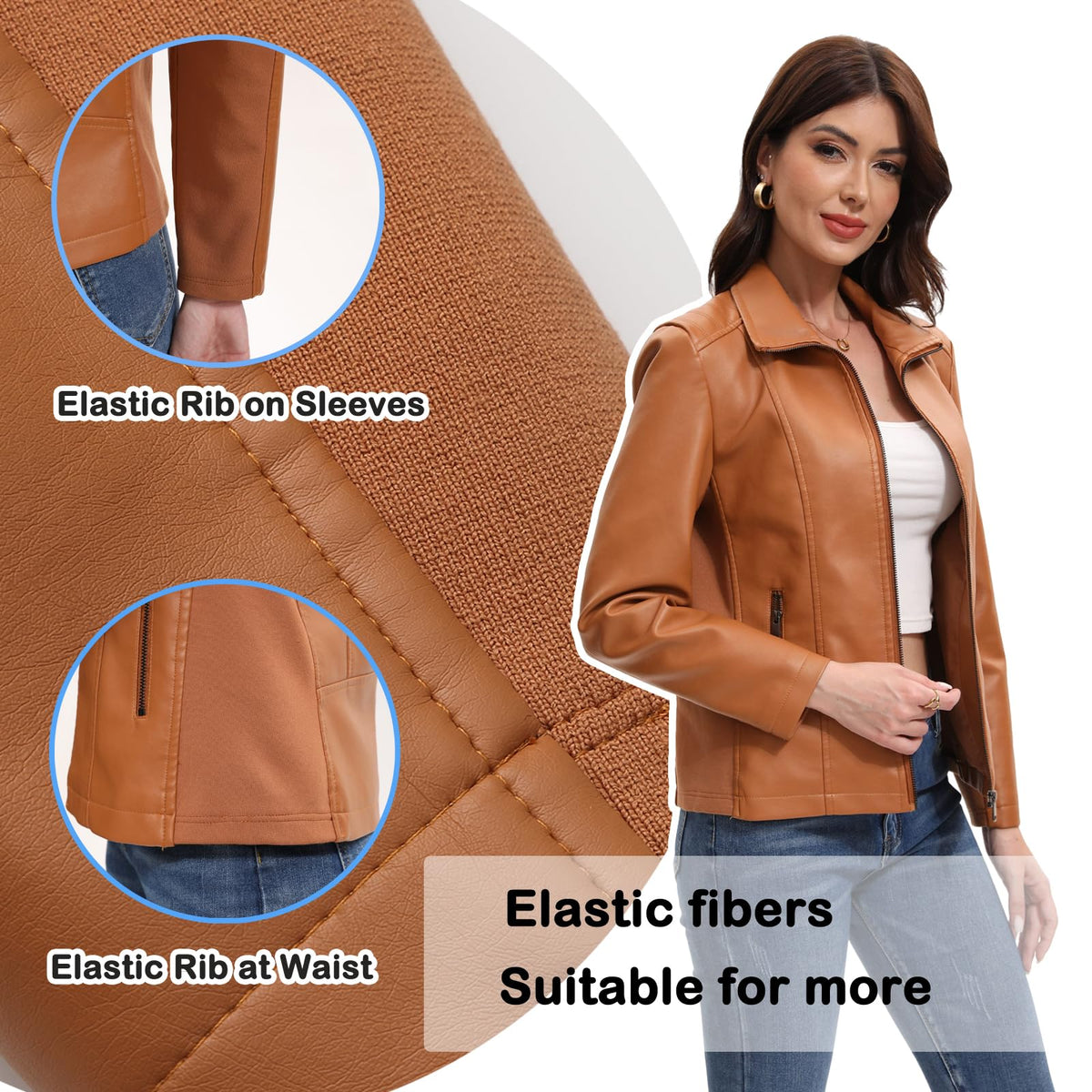 Faux Leather Jacket for Women Motorcycle Fashion Zip Up Coat Trendy Going Out Jackets (Camel,Medium)