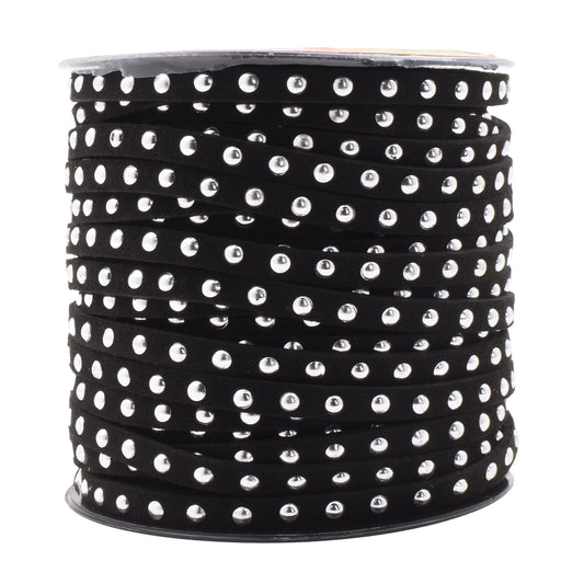 Mandala Crafts 20 Yards Black Studded Faux Suede Cords Leather Trims - Flat Vegan Leather Lace Strips String with Silver Color Rivets for Jewelry Making, Crafts, Bracelets, and Decorations