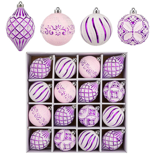16PCS Shatterproof Christmas Ball Ornaments Set, Hand-Painted Holiday Decor with Assorted Sizes & Designs for Christmas Tree Thanksgiving Party Decoration, Purple-White
