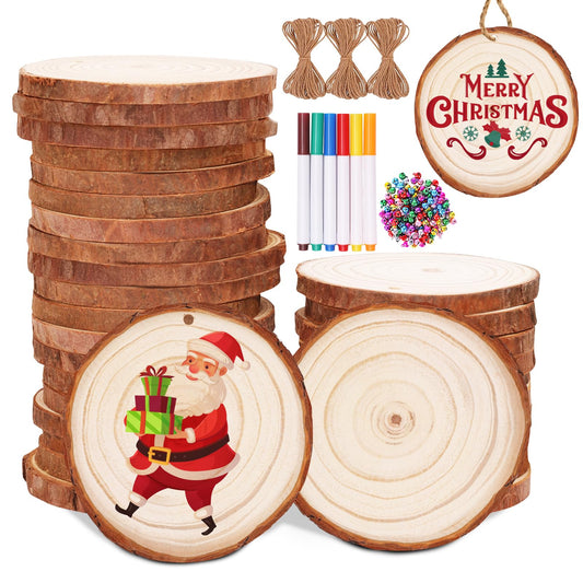 Max Fun Natural Wood Slices 30PCS 3.1-3.5'' Crafts DIY Wooden Christmas Ornaments Unfinished Predrilled Round Wood Circles for Arts and Crafts Centerpieces Holiday Hanging Decorations