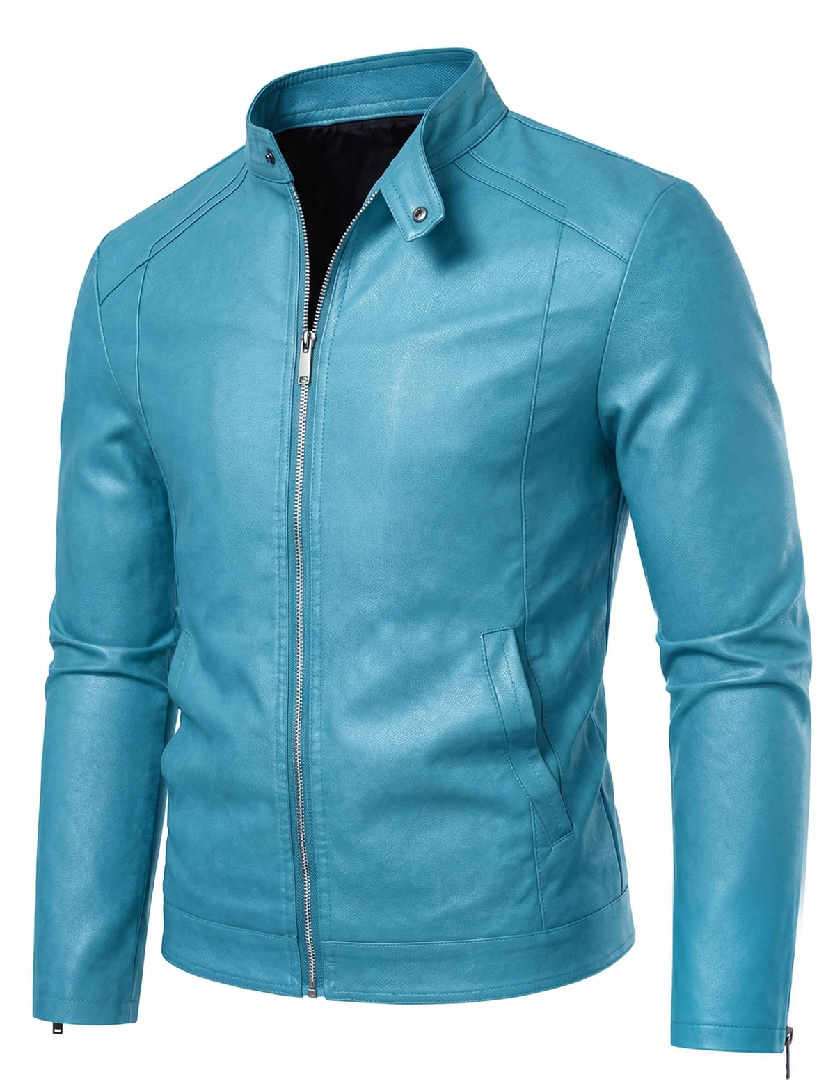 Blue Leather Jacket Men Faux Leather Motorcycle Stand Collar Biker Coat L