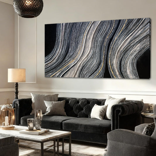 ZUNARE Modern Abstract Canvas Wall Art with Blue Gray and gold Linear Design, Minimal Tonal Artwork Creating a Peaceful Atmosphere for Bedroom Living Room Office Kitchen 24"x48"
