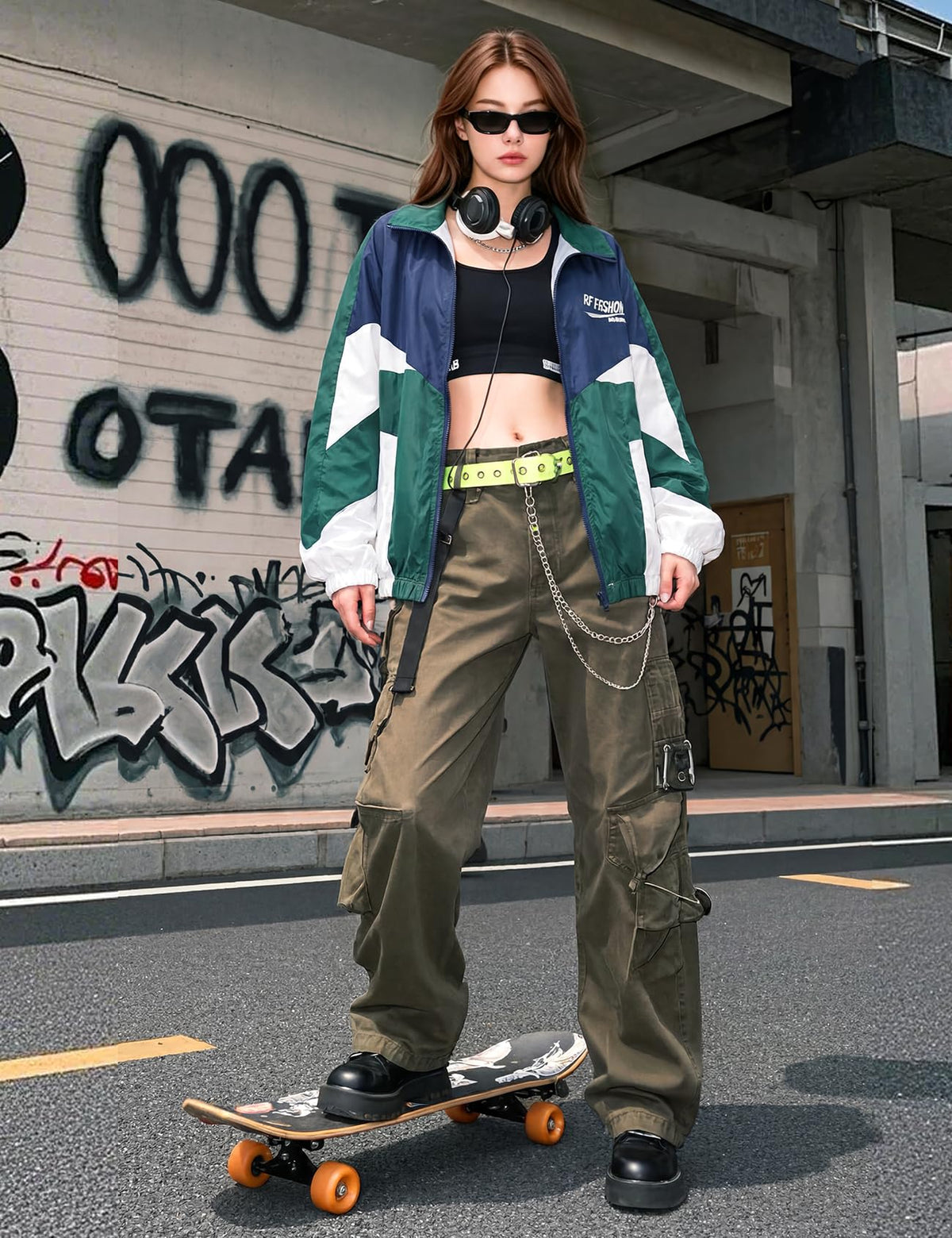 Wyeysyt Women Windbreaker Jacket Y2k Varsity Oversized Jacket(Green-S)