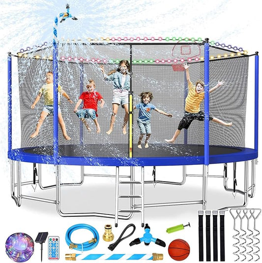 Upgraded 10/12/14/15/16FT Trampoline Outdoor, Large Kids Trampoline with Light, Stakes, Sprinkler, Backyard Trampoline with Basketball Hoop and Net, Capacity for 4-6 Kids and Adults