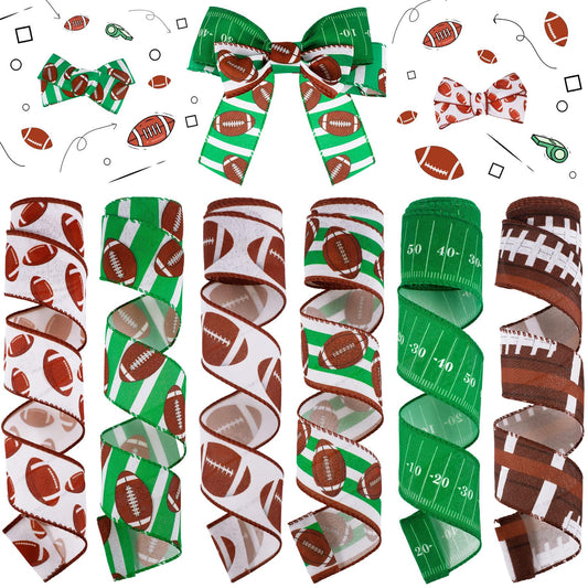 Tigeen 6 Roll Football Wired Edge Ribbon Ball Field Pattern Craft Ribbon Team Sports Burlap Rolls for Wreath Gift Wrapping Bow Sewing DIY Crafts Party Decor, 2 Inch x 30 Yards