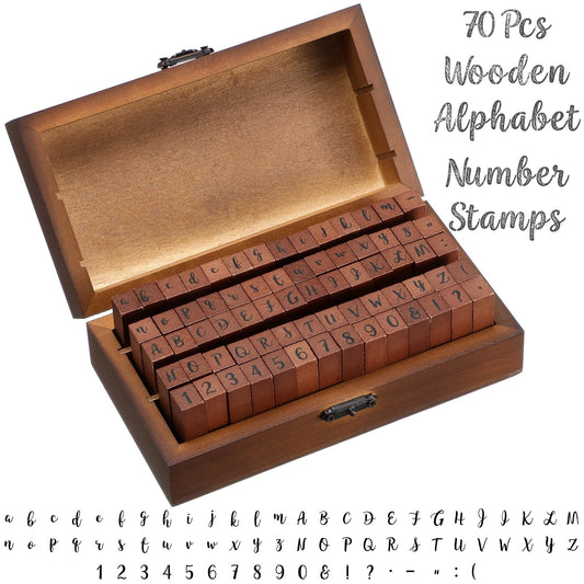Fuyoooo 70 Pcs Alphabet Wooden Rubber Stamps with Box Letter Number Symbol DIY Craft Alphabet Stamps Set for Card Making DIY Craft Scrapbooking Supplie