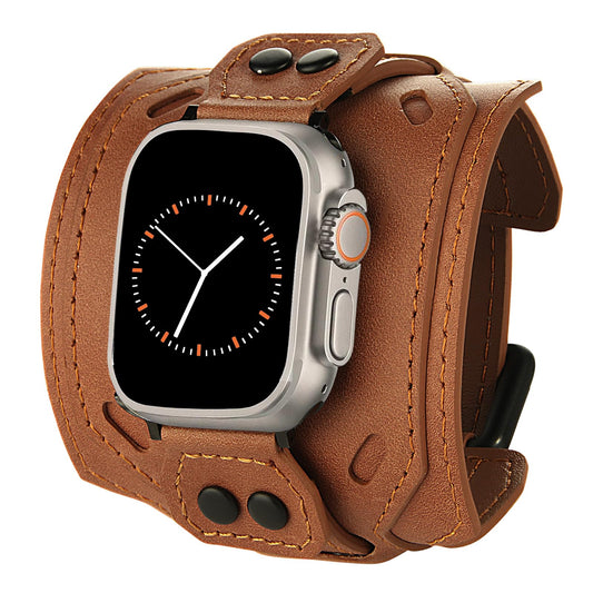 VIQIV Leather Band Compatible with Apple Watch 45mm for Men 44mm 42mm 41mm 40mm 38mm 46mm 49mm SE Bands Women, Cuff Bracelet Wide Sport Straps Wristband for Iwatch Series 10 9 8 7 6 5 4 3 SE SE2 Ultra 2 ,Brown 44/45/46/49/42MM(Series 3 2 1)