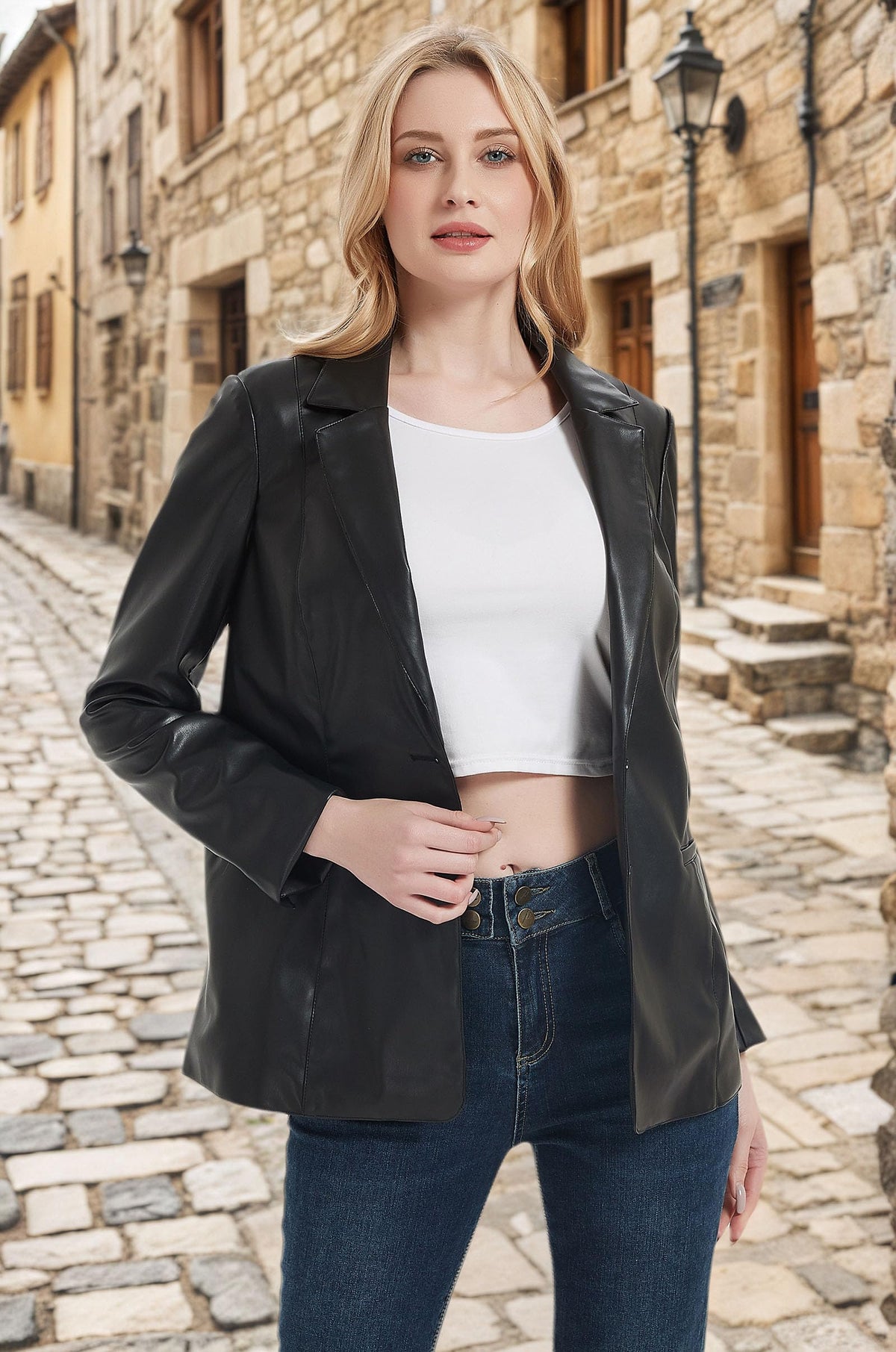 RISISSIDA Women Faux Leather Blazer Jacket,Soft PLeather PU Coat,Black,L