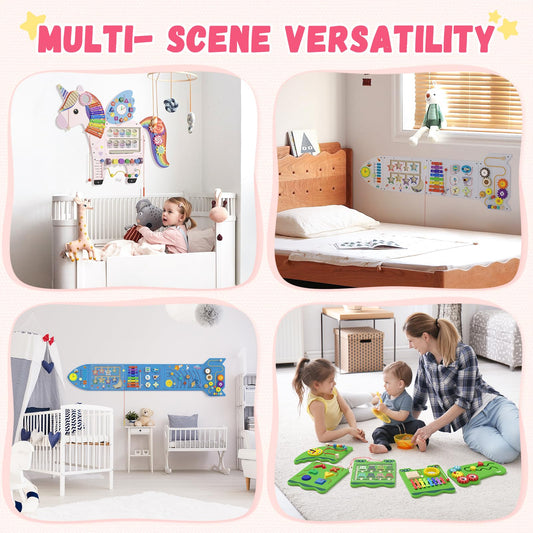 Spacocld Unicorn Activity Wall Busy Board Panels - Sensory Wall Panel for Kids, Montessori Toddler Wall Activity Board, Wall Toys for Toddlers 3, Activity Cube, Perfect for Toddler Playroom, Pink