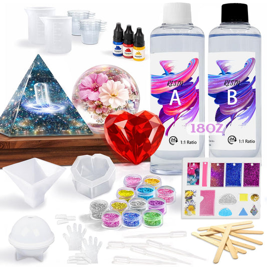RNYBFPT Epoxy Resin Kit for Beginners, 18oz Crystal Clear Resin with Silicone Molds, Easy 1:1 Mix, All-in-One Resin Art Kit with Pigments & Glitter for Jewelry Making, DIY Crafts & Creative Gifts