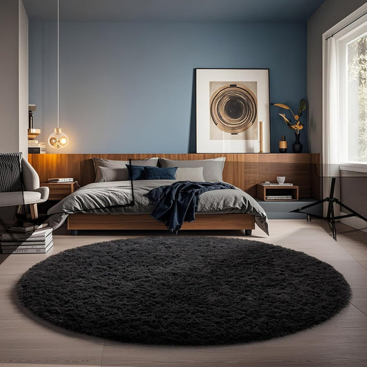 Ophanie Round Rug - 5Ft Black Circle Area Rug | Plush Soft Shaggy Carpet for Bedroom & Nursery Decor