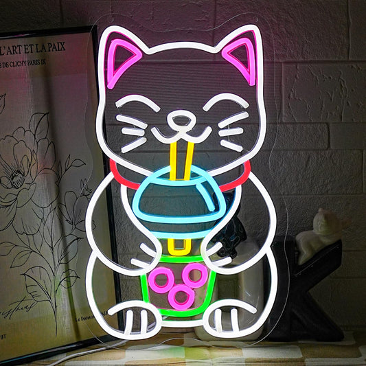 Gyaksjm Cat Boba Tea Neon Sign Dimmable Fortune Cat Neon Light Colorful Animal Neon Light Sign Lucky Cat Drinking Bubble Tea LED Light for Milk Tea Shop Resturant Home Bar Birthday Party Decor