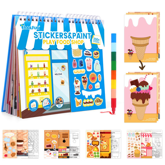 Sticker Activity Books for Kids, Sticker Books Include 20 Scenes & Coloring Page with 8-Color Crayons, Toddler Airplane Travel Essentials & Road Trip Toys - Craft Gift for Boys Girls 3-8