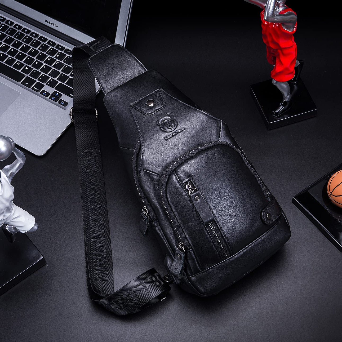 LUKZIJAES Genuine Leather Sling Bag for Men Crossbody Shoulder Chest Pack Hiking Casual Daypack Outdoor Travel Backpack (#1-Black)