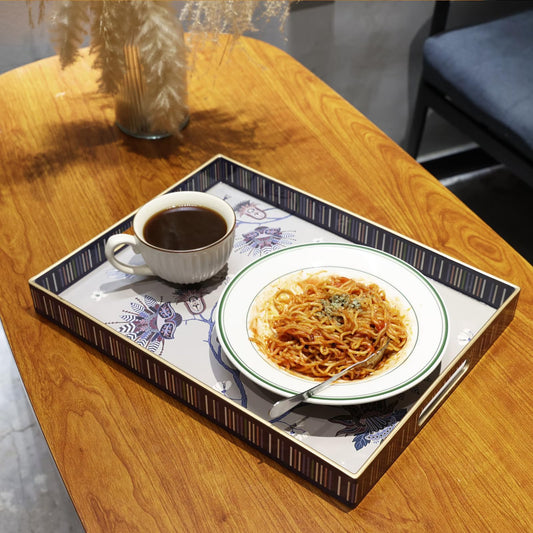 Omuriko Rectangle Plastic Serving Tray with Handles, Elegant Decorative Tray for Coffee Table, Ottoman, Living Room, Kitchen, Outdoor Use. 12"*16"*1.6" A